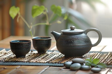 Steaming teapot and two cups resting on a bamboo mat