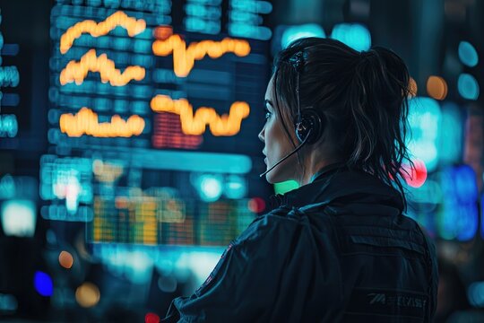 A financial news anchor reporting live from the stock exchange with stock charts