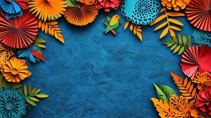 Vibrant and colorful background for a Mexican-themed party, showcasing an array of brightly colored paper fans arranged in the shapes of birds and flowers on a blue textured backdrop. The scene is dec