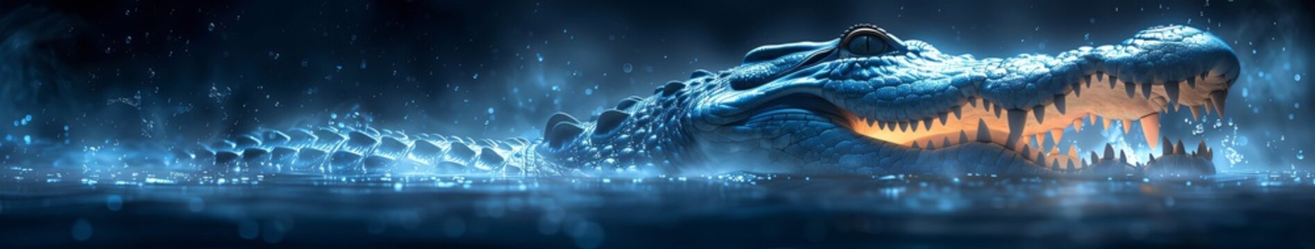 Panoramic banner; Large crocodile lurking in dark blue water at night with its mouth open showing large sharp teeth, digital 3d rendering
