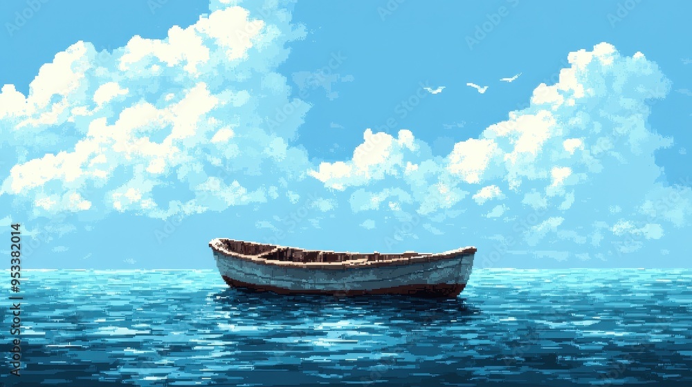 Poster Pixelated 8-Bit Ocean Scene with Small Boat Sailing in Empty Waters