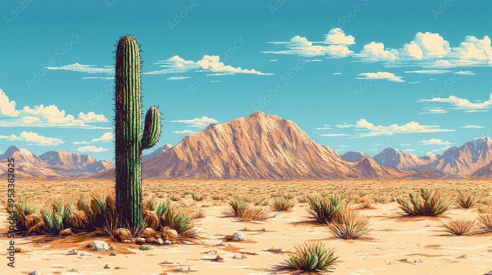 Poster vibrant pixelated desert scene with cactus and copy space for text overlay
