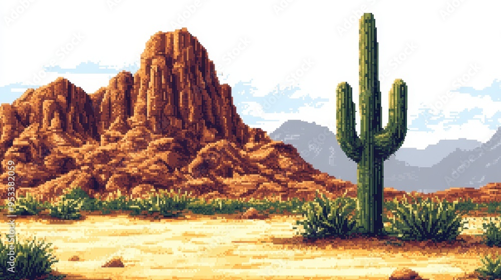Poster Pixelated Desert Magic - Abstract Landscape with Cactus in Sand - Copy Space for Text or Design Elements