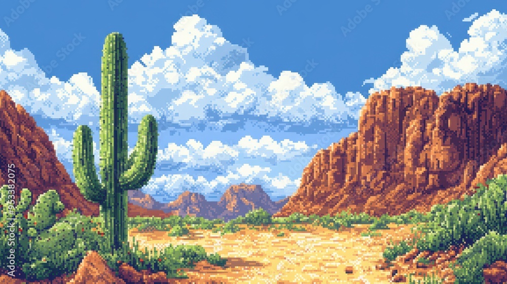 Poster digital desert dreamscape: abstract pixelated landscape with cactus and empty sand area for text.