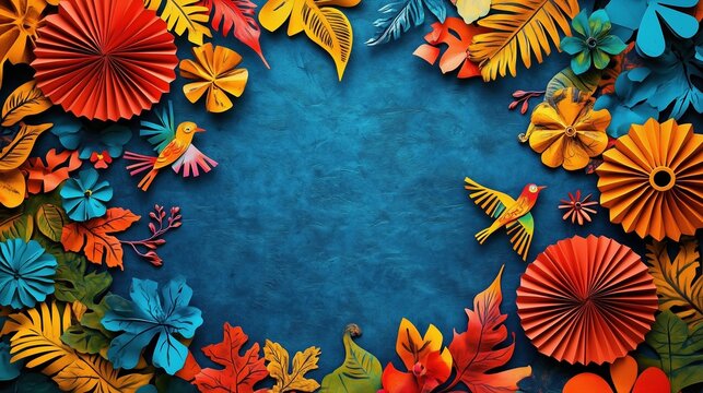 Vibrant and colorful background for a Mexican-themed party, showcasing an array of brightly colored paper fans arranged in the shapes of birds and flowers on a blue textured backdrop. The scene is dec