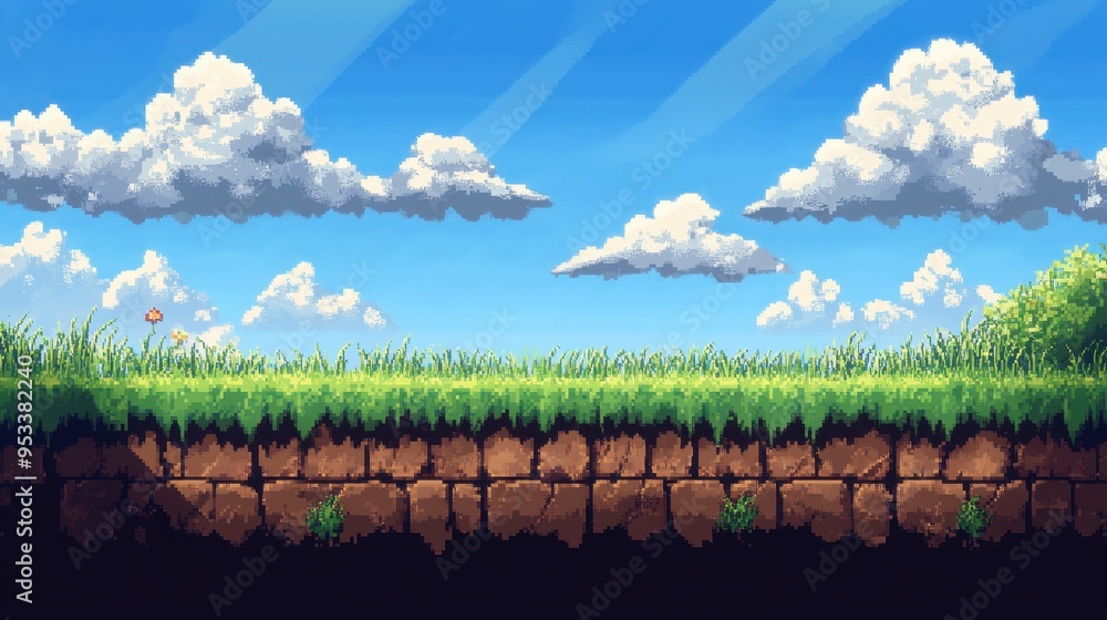 Poster bright 16-bit platformer level with grassy platforms and clear sky copy space