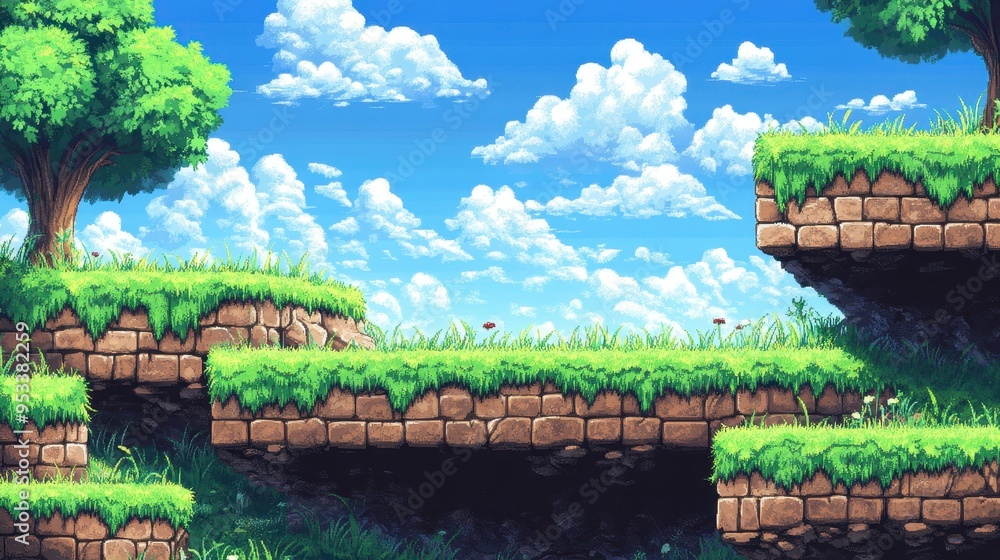 Poster retro 16-bit platformer level with grassy platforms against clear sky for copy space