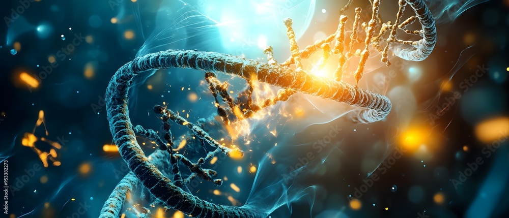 Poster dna structure with glowing particles.