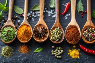 Colorful spices and herbs in wooden spoons