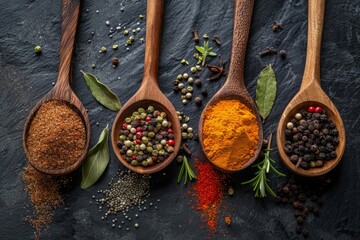 Spoons filled with aromatic herbs and spices on dark background