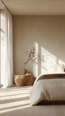 Modern interior. This is a photo of a bedroom section in a Scandinavian interior with a window and a comfortable-looking bed and decorations. Generative AI