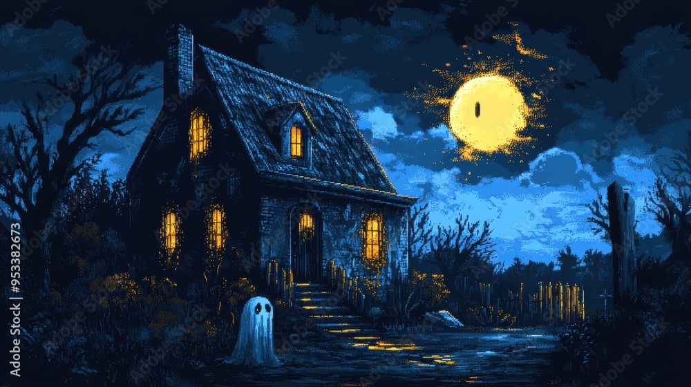 Poster retro 16-bit haunted house with pixel ghosts and dark sky background for text overlay