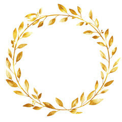 A gold leaf wreath with a white background. The wreath is made of gold leaves and has a circular shape