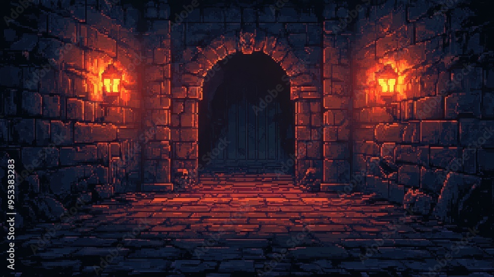Poster retro 16-bit pixelated dungeon: mysterious corridor with traps and copy space for text
