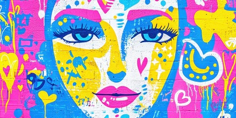 Colorful Graffiti Art with Face on Brick Wall