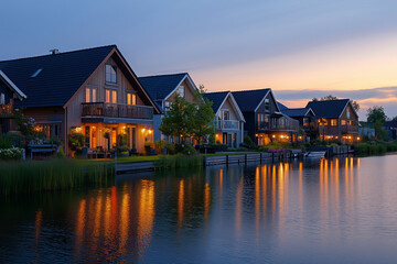 Obraz premium A cozy suburban Scandinavian village on a plateau at dusk in winter, with wooden homes partially buried in snow and A bright Scandinavian village in a meadow during midday in spring, Scandinavian town