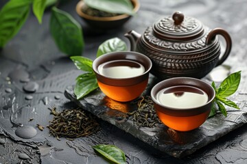 Enjoying traditional tea ceremony with aromatic green tea on black background