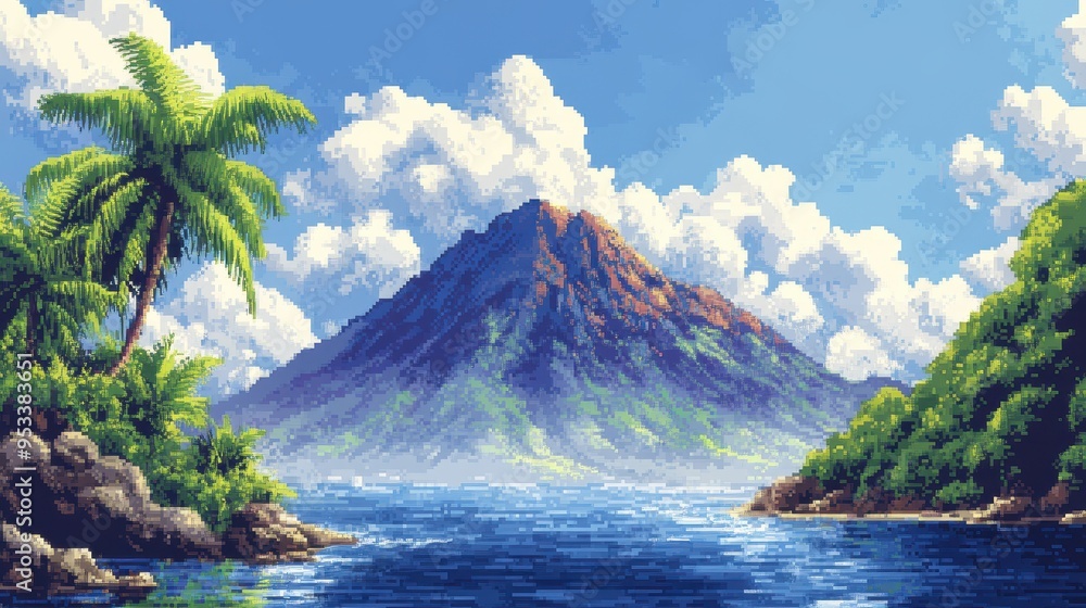 Poster digital pixelated island with volcano and copy space for text, futuristic abstract landscape design