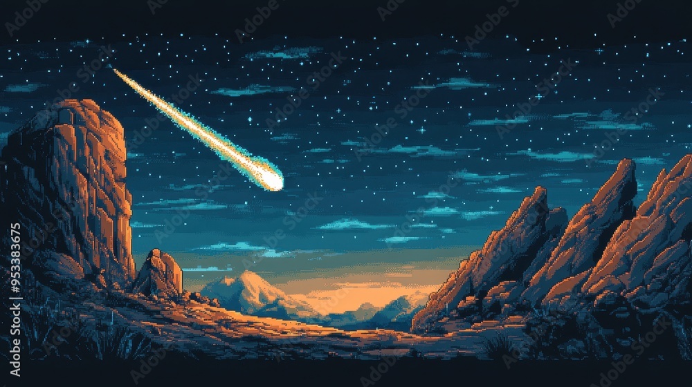 Poster retro 8-bit outer space scene with pixelated comet and copy space background