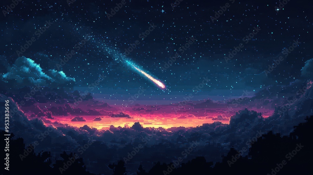 Poster retro 8-bit outer space scene with pixelated comet against dark sky copy space
