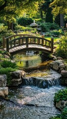 Tranquil Garden Retreat, an idyllic scene featuring a charming bridge gracefully arching over a gentle stream, surrounded by lush greenery and vibrant flowers.