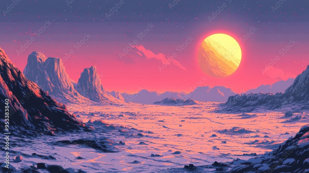 Poster digital alien world: pixelated landscape with empty terrain area for text