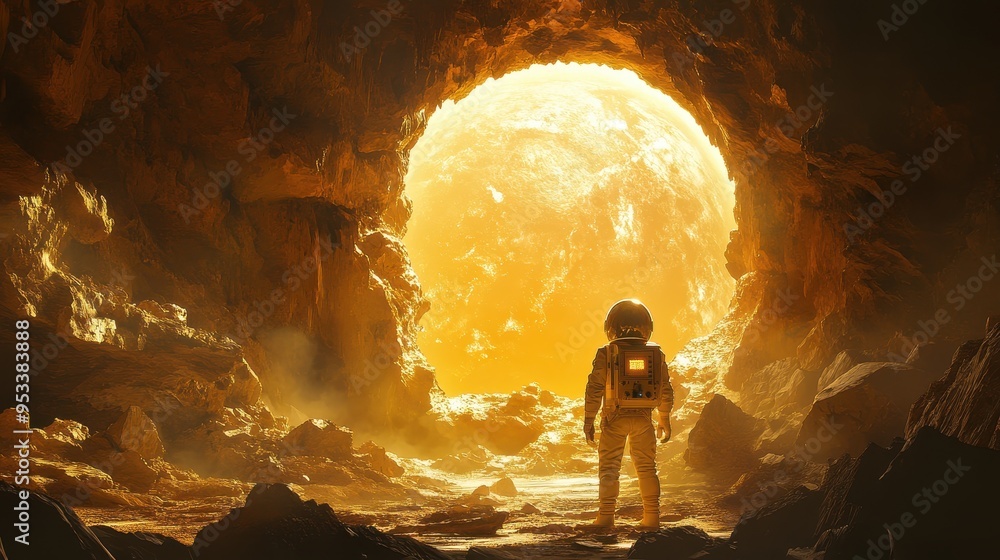 Aufkleber retro 8-bit space explorer in cave with copy space on wall for text - vintage space adventure concep