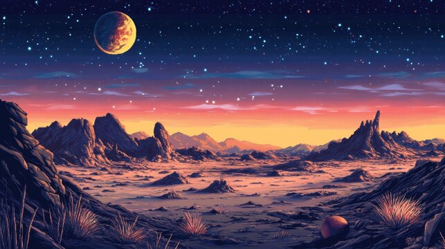 Digital Alien World - Pixelated Extraterrestrial Landscape with Copy Space for Text