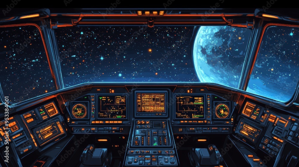 Poster retro 16-bit pixelated spaceship cockpit with copy space for text