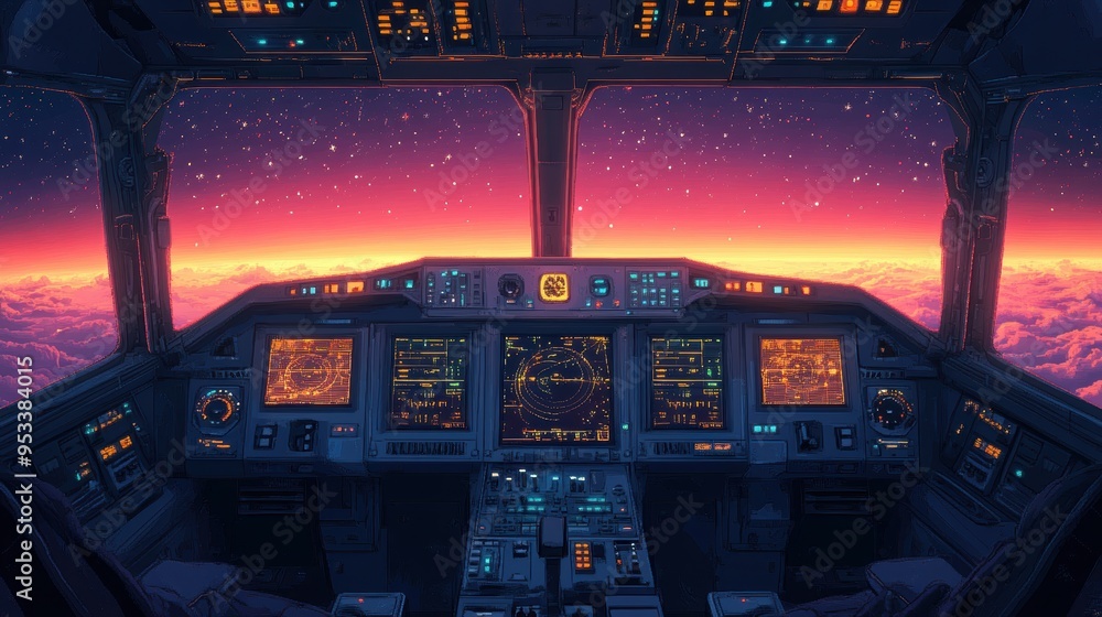 Poster futuristic 16-bit pixelated spaceship cockpit with copy space for text overlay