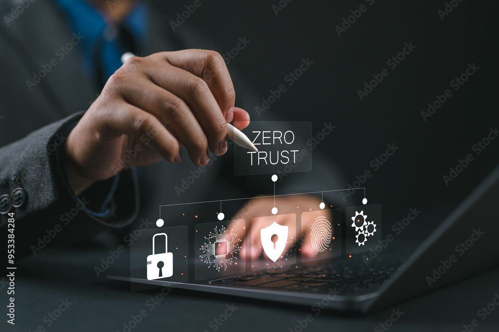 Poster zero trust security concept, businessman use laptop with virtual zero trust icon for business inform