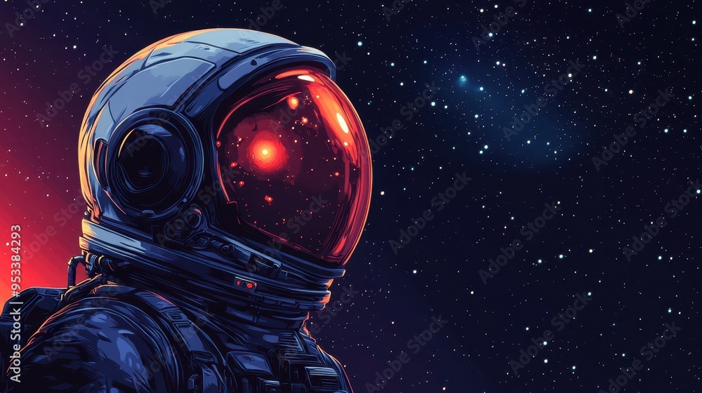 Poster retro 8-bit pixelated hero in space suit with blank starry sky copy space