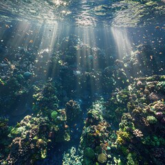 Obraz premium Underwater Coral Reef with Sunbeams and Fish