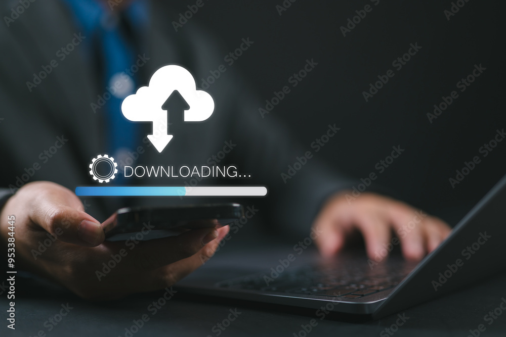 Poster Download processing data concept. Downloading data from cloud storage. Person using laptop with downloading bar on virtual screen for download files.