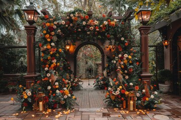 Fototapeta premium Beautiful floral arrangement decorating a wedding ceremony location