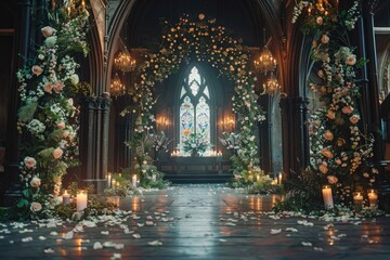 Fototapeta premium Beautiful floral arrangement decorating a wedding ceremony location