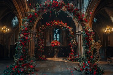 Beautiful floral arrangement decorating a wedding ceremony location