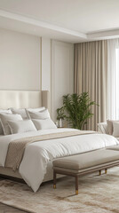 This is a modern interior. It is finished with white walls and has a white bed and pillows for comfortable rest. This is a photo of a bedroom with minimalist interior design. Generative AI