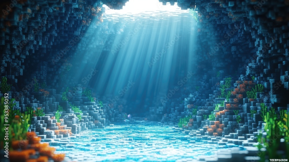 Poster glitchy 8-bit pixel underwater cave with clear water copy space - retro video game background design