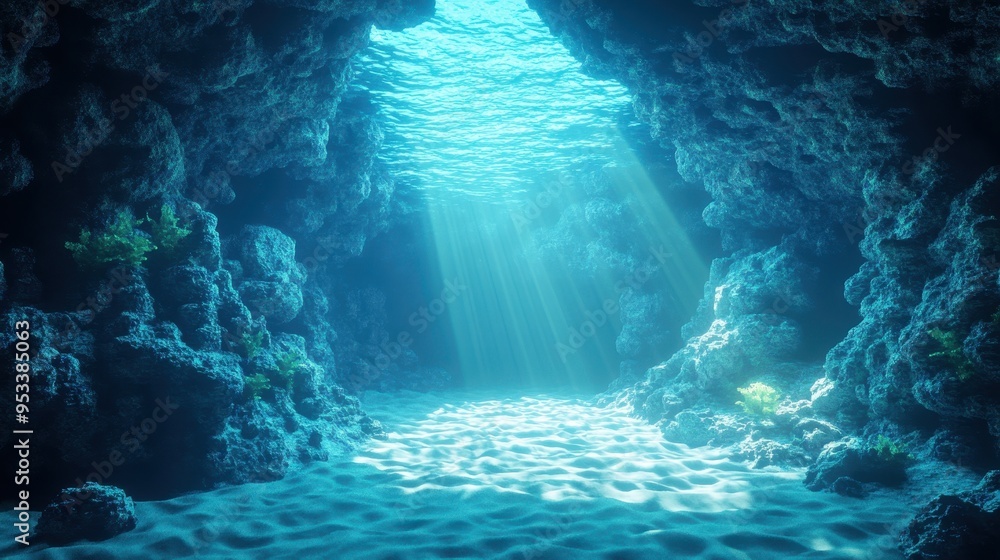 Poster glitchy pixelated underwater cave background with copy space for text - retro 8-bit video game style