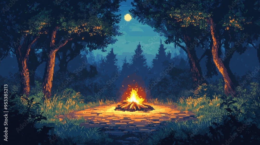 Poster digital forest campfire scene with copy space for text | abstract pixelated woods background for des