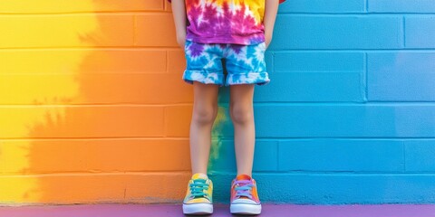 Colorful shoes and tie-dye clothing against a colorful wall.