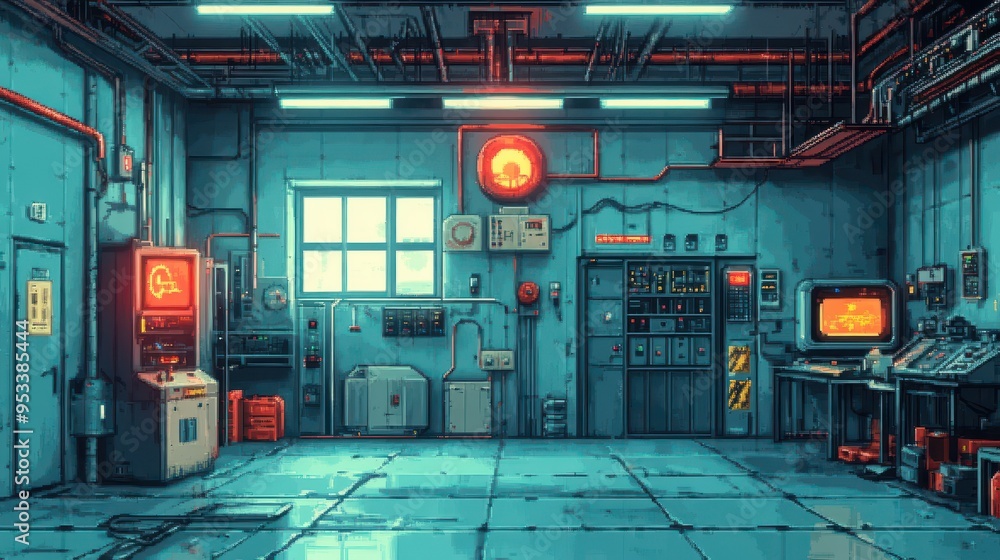 Poster retro 16-bit pixelated robot factory interior with copy space on the left