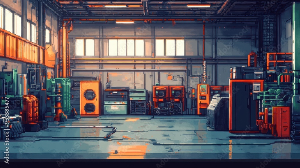 Poster futuristic 16-bit pixelated robot factory interior with copy space on the left