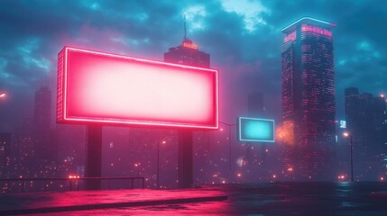 Neon City: Futuristic Retro Sci-Fi Landscape with Empty Sky for Text.