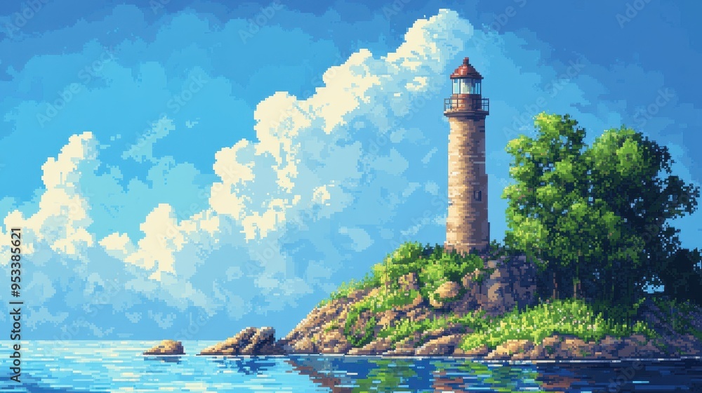 Poster retro 8-bit pixel art island with lighthouse on blank sky background for copy space