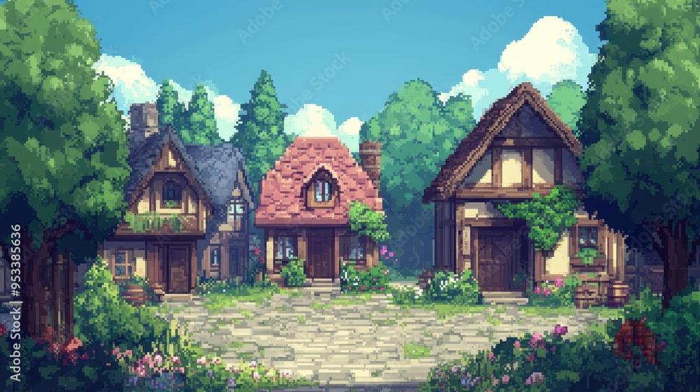 Aufkleber nostalgic pixelated rpg village scene with copy space for text overlay