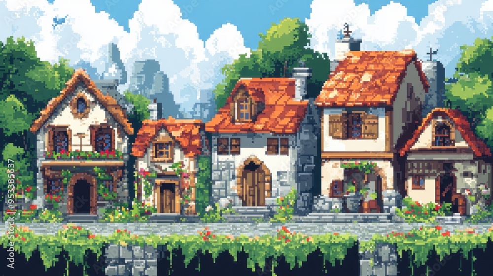 Poster nostalgic pixelated rpg village scene with blank space for text overlay