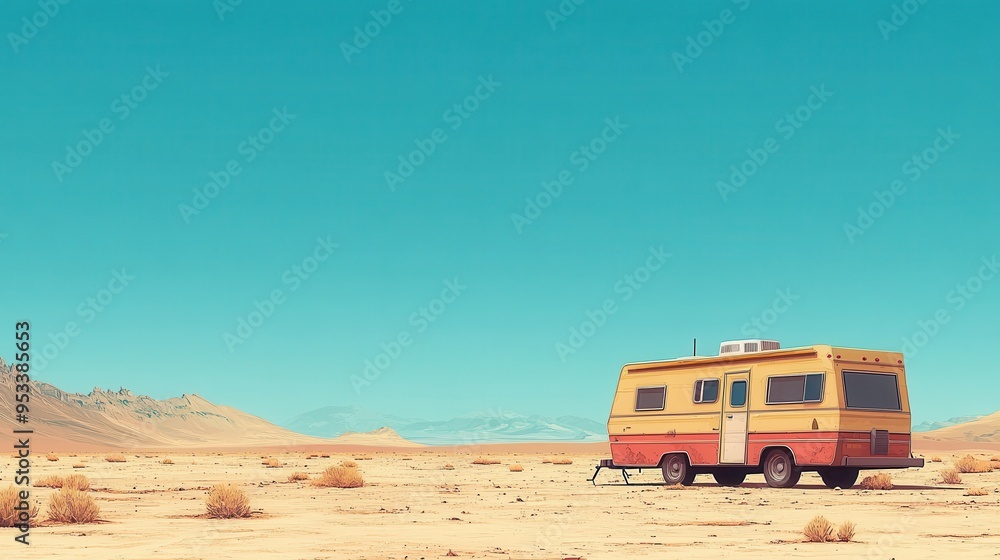 Poster retro 16-bit desert caravan adventure with copy space in clear sky background