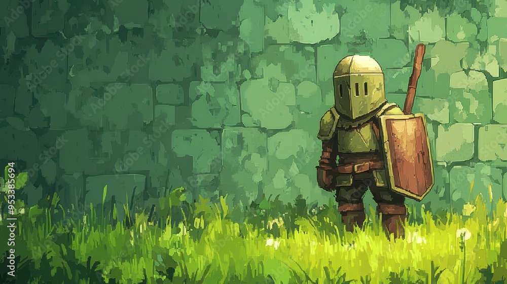 Poster digital pixel knight on ancient battlefield with copy space for text - gaming concept background